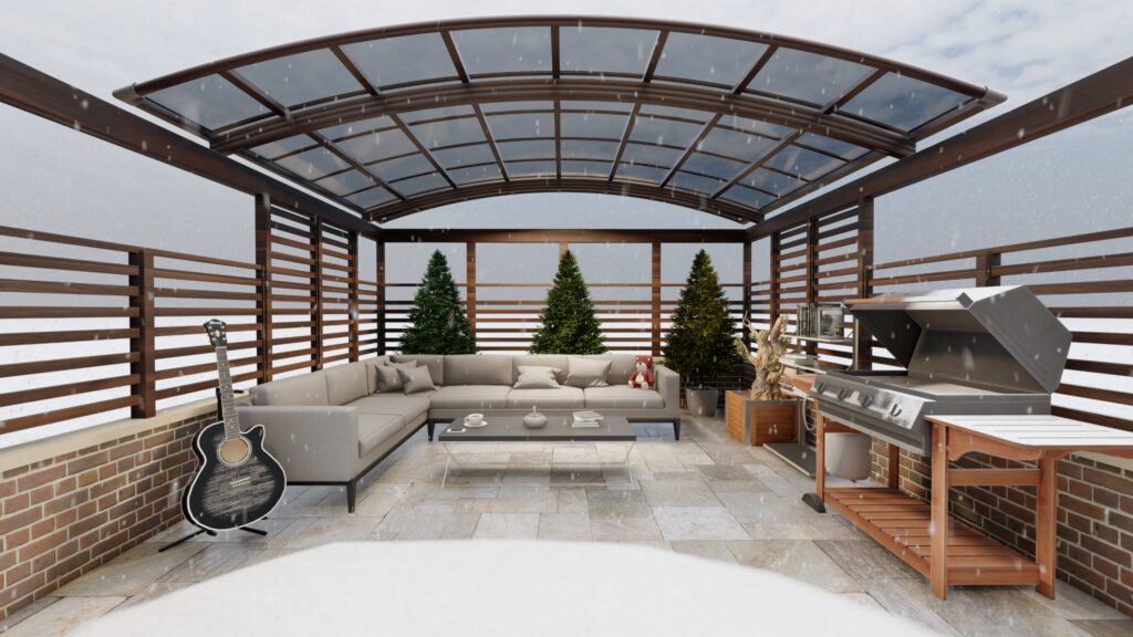 Round roof aluminum patio cover protects the sitting area from snow.