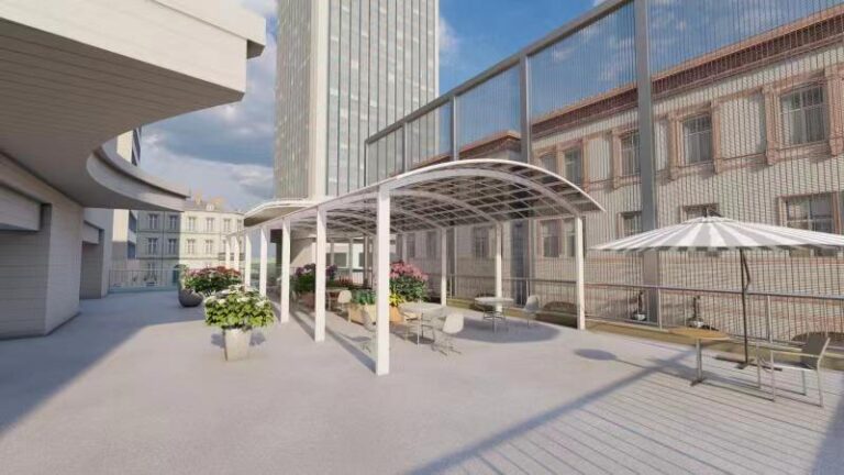 Round roof free-standing aluminum patio cover provides a shading area for the tables