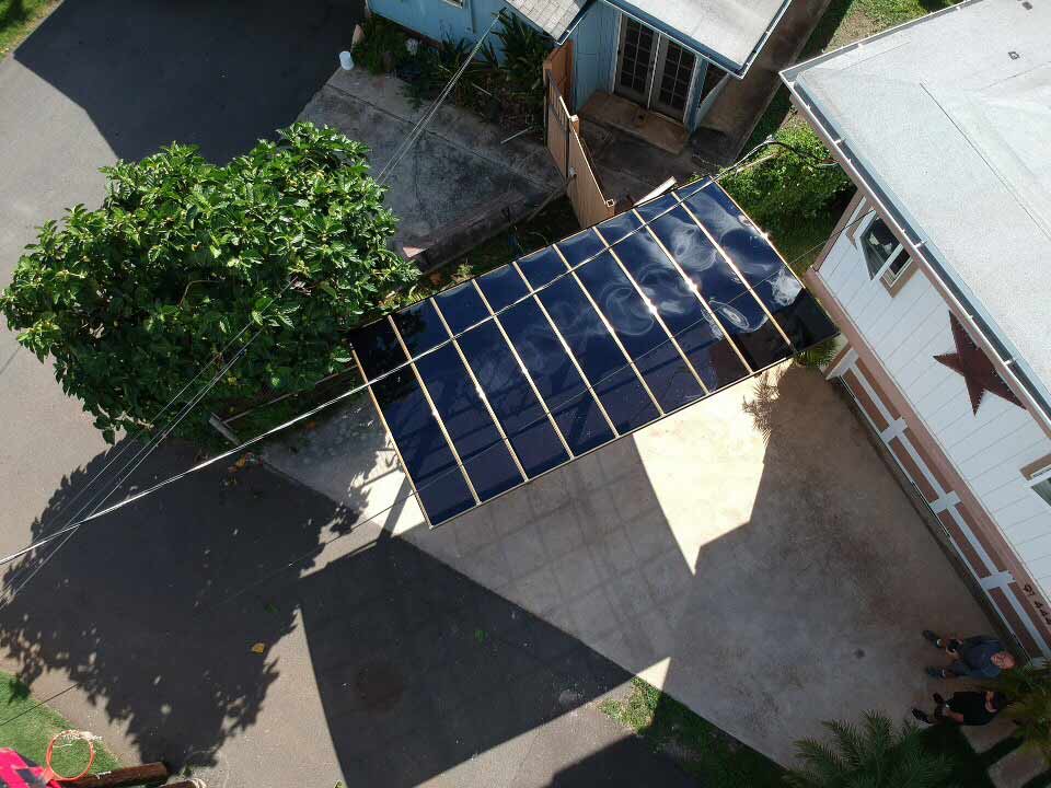 Aerial view of a free-standing aluminum carport